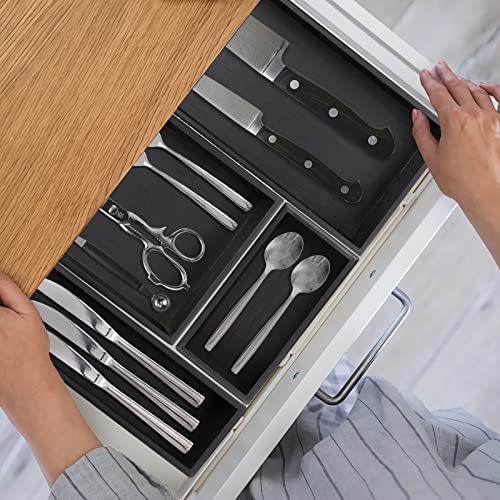PRATIQUE Bamboo Drawer Organizer - Kitchen Utensil Organizer Silverware Tray Cutlery Holder，Office Desk Supplies and Accessories,15 * 5.9 * 2.6,Black - color: Black, size: 15*5.9*2.6 inch