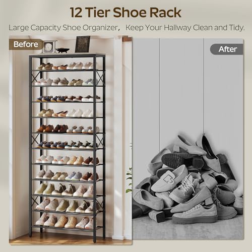 YATINEY 12 Tier Shoe Rack, Large Capacity Shoe Storage Organizer Holds 48 Pairs, Sturdy and Stable, for Entryway, Hallway, Closet, Dorm Room, Greige and Black SS12BG - color: Greige + Black, size: 27.8" x 10.8" x 79.3"