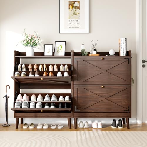 Shoe Storage Cabinet with 2 Flip Drawers, Entryway Shoe Cabinet with 2 Metal Hooks & Adjustable Shelves Freestanding Shoe Organizer Narrow Shoe Rack for Entrance Hallway Foyer Front Door,Rustic Brown - color: Rustic Brown