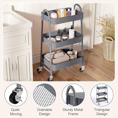 OLIXIS Metal 3 Tiers Utility Rolling Cart, Mobile Storage Shelf with Lockable Caster Wheels, Organization for Livingroom, Bathroom & Narrow Places, Gray - color: 3-tiered Gray, size: 3-Tiered 17 inches