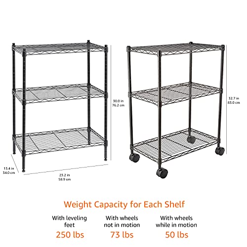 Amazon Basics 3-Shelf Adjustable Heavy Duty Storage Shelving Unit on 2" Wheels, Metal Wire Rack for Garage, Utility Shelving with Leveling Feet, 23.2"L x 13.4"W x 32.75"H, Black - color: Black