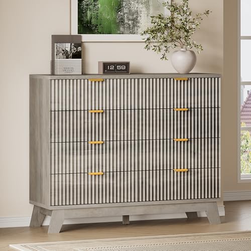 BORNOON Fluted 8 Drawer Tall Dresser, 47.2" Wide Modern Boho Chest of Drawers, Wooden Storage Dresser TV Stand for Bedroom, Living Room, Closet, Hallway, Curved Profile Design - color: Rustic Drift, size: 8 Drawers