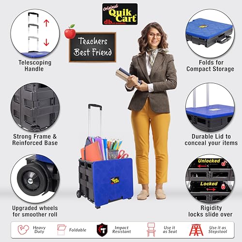 dbest products Quik Cart Collapsible Rolling Crate on Wheels for Teachers Tote Basket, 80 lbs Capacity, Blue Lid Made from Heavy Duty Plastic and used as a Seat - color: Black, Blue, style: Standard