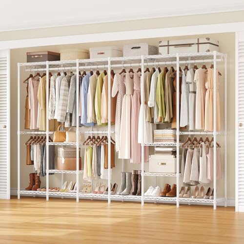 ONBRILL F6 Free Standing Industrial Pipe Clothes Rack, Large Heavy Duty Metal Garment Rack, Closet Organizer Storage System with Adjustable Shelves & Hanging Rods, Portable Wardrobe - White - color: White