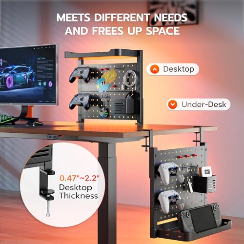 ARES WING Desk Clamp On Pegboard with 16 inches Organizer Shelf, Adjustable Above or Under Desk Storage Shelf Holds 44 lbs, Magnetic Metal Peg Board for Office and Gaming Accessories, Black - color: Black, size: Pegboard Shelf