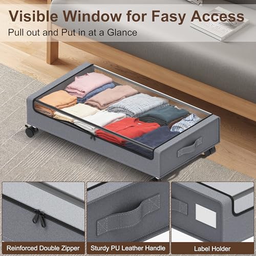 Under Bed Storage with Wheels - 2Pack 60L Underbed Storage Containers with Clear Lid & Label, Rolling Under Bed Storage Bins for Clothes, Shoes, Blankets (XL,Grey) - color: Grey, size: Large