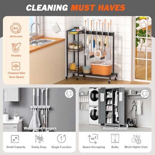 Broom Holder with Cleaning Supplies Organizer, Broom Closet Storage Cabinet with Cleaning Caddy, Cleaning Cart with Mop Hanger Gripper Rack Hooks,Janitorial Housekeeping cart,Laundry Room Organization - size: Large