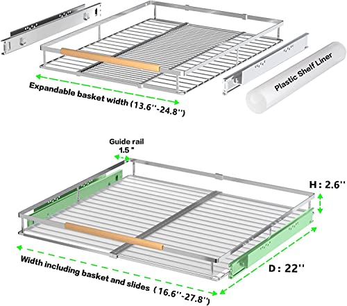 Expandable Sliding Basket, Pull-Out Cabinet Organizer, Heavy Duty Slide Out Pantry Shelves Sliding Drawer Storage for Kitchen, Under Sink, Wardrobe, 2 Pack Chrome 16.6''-27.8''W x 22''D - color: 2 pack, size: L(16.6''-27.8''W x 22''D)