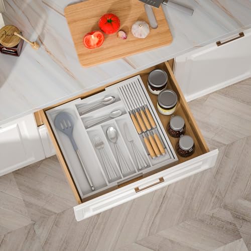TIOPGHAD Bamboo-Silverware-Drawer-Organizer-Kitchen, Expandable Utensil Holder Cutlery Tray Flatware Organization Adjustable Wood Tableware Dividers Storage (with Removable Knife Block)(White) - color: White, size: Large