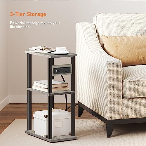 TUTOTAK Small Narrow Side Table with Charging Station, Skinny End Table for Small Spaces, Slim Nightstand with USB Ports and Outlet, Sofa Beside Table with Wheels, Greige TB01BG046 - color: Greige, size: 1 PC, style: With Plug