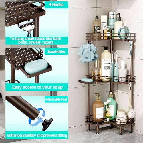 HapiRm Corner Shower Caddy Standing - 3 Tier Shower Organizer Corner with Soap Holder, Rustproof Bathroom Standing Organizer with 4 Hooks, Bronze - color: Bronze, size: 3-tier