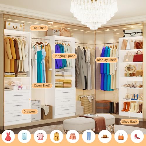 Closet System with 3 Sets, 6-15.8FT Custom Closet Organizer System with 6 Drawers & 8 Shelves & 5 Hanging Rods, Max 189"W Closet Shelving System, Walk in Closet Organizers and Storage System, White