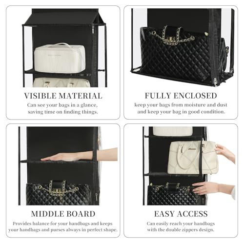 8 Grids in 1 Pack Hanging Purse Handbag Organizer with Double Zippers, Visible Purse Organizer for Closet, Fully Enclosed Purse Storage Holder-Black - color: Black, size: Not Rotatable