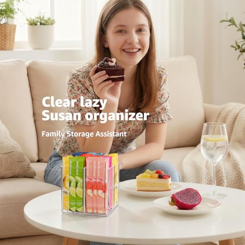 Drink Packet Organizer, Rotating Turntable Organizer with 4 Compartments, Clear Lazy Susan for Powdered Drink Mix, Water Flavor Packets, Coffee, Tea – Space-Saving Countertop Organizer - size: 1 Pack - 4 Section