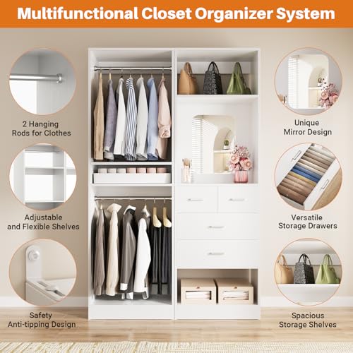 Unikito 50” Closet System with 4 Drawers, 4.2FT Wood Closet Organizer with Hanging Rods and Mirror, Reversible Small Walk in Closet Wardrobe, Adjustable Sturdy Clothes Garment Rack, Set of 2, White - color: White, size: 50 Inch