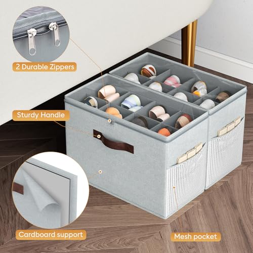 Budding Joy 2 Pack Shoe Organizer for Closet, Clear Foldable Shoe Storage Containers Adjustable Dividers Fits 16 Pairs,Shoe Storage Bins Baskets Boxes with Reinforced Handles Light grey - color: Light Gray