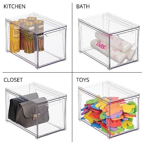 mDesign Plastic Stackable Closet Storage Organizer Bins with Pull Out Drawer for Cabinet, Desk, Shelf, Cupboard, or Dresser Organization - Lumiere Collection - 4 Pack - Clear - size: 8 x 12 x 8 (Pack of 4)