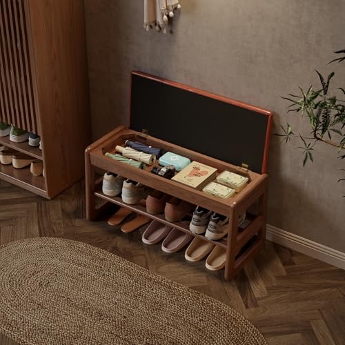 AQIMUELE Shoe Rack Bench,2 Tiers Shoe Bench with Storage with Flip-Top,Wood Shoe Rack for Entryway,Hallway（Orange Upholstered Seat,11.8" D x 31.5" W x 15.7" H） - color: Orange Upholstered Seat, size: 11.8"D x 31.5"W x 15.7"H