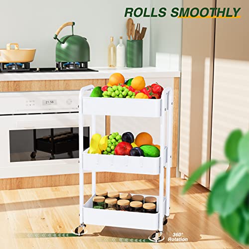 LEHOM 3 Tier Rolling Storage Cart, Metal Trolley Utility Cart with Wheels & Hooks, Easy Assembly Organizer Storage Cart for Bathroom Kitchen Office Bedroom - color: White