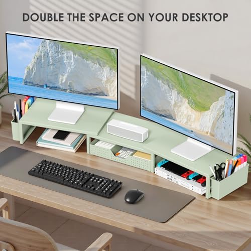 OPNICE Desk Organizers and Accessories, Dual Monitor Stand Riser with Drawer and 2 Pen Holders, Desk Shelf Metal Computer Monitor Stand for Office Workspace Organizers, Desktop Organization (Green Metal) - color: Green Metal, size: With drawer and pen hol