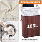 Bamboo Laundry Hamper Large 106L with Removable 4-Section Liner, Foldable Storage Basket with Lid and Handles for Bedroom, Laundry Room, Small Spaces – Brown- Rectangle - color: Brown - Rectangle