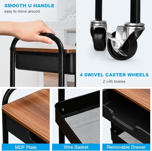 3 Tier Rolling Cart with Drawer, Metal Utility Cart on Wheels Storage Cart with Wood Top, Kitchen Cart Art Cart Organizer for Bathroom Office Balcony Living Room - color: Black