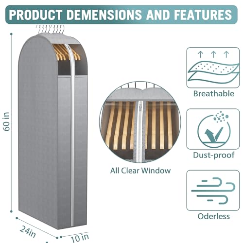Liuoud 10" Gusseted Garment Bags for Hanging Clothes with clear window, 60" Suit Bags for Open Closet Storage, Clothing Cover for Coat, Dress, Jacket, Shirt, Fur Wardrobe Protector, 4 Packs - color: Grey with window, size: 60 inch