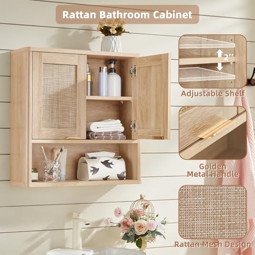 LEYAOYAO Rattan Bathroom Wall Cabinet, Boho Medicine Cabinet with Adjustable Shelf & Doors, Over The Toilet Storage Cabinets Organizer for Laundry Room, Kitchen, Living Room, Natural - color: Natural, size: 7.7"D×23.5"W×24"H