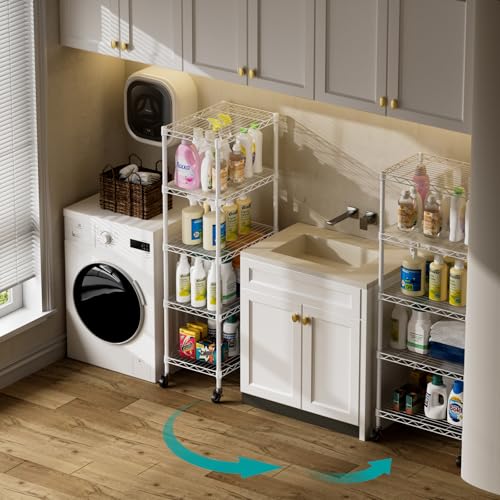 SINGAYE 6 Small Shelf Storage Wire Shelves Closet Bathroom Organizers Metal Pantry Kitchen Garage Shelving Unit Laundry Room Organization Home Narrow Rack Net Basket with Wheels White - color: White, size: 5Tier/11.5"D X 17.5"W X 57"H