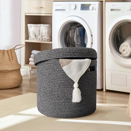 Storage Basket with Lid, Woven Blanket Storage for Living Room, Cute Cotton Rope Bin with Lid, Round Wicker Laundry Basket with Cover, Decorative Kid Dog Toy Box, Nursery Organizer, 15"x13" - color: Black