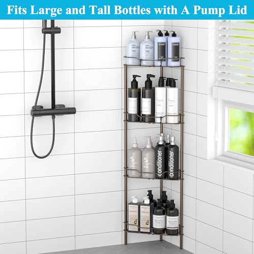 HuggieGems 4 Tier Floor Standing Corner Shower Caddy Organizer Shelf with Hooks, Bathroom Shelves Stand Rack, Bronze - color: Bronze, size: 4 Tier
