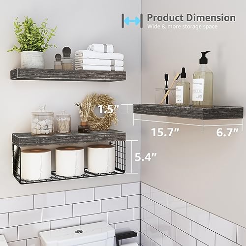 QEEIG Bathroom Shelves Over Toilet - Wall Mounted Floating Shelves Toilet Paper Storage Small Farmhouse Decor Shelf 16 inch Set of 3, Grey (019-GY3) - color: D. Grey, size: 3pcs