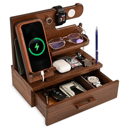 TESLYAR Wood Phone Docking Station with Drawer - Nightstand Organizer - Desk Organizer for Husband - Birthday Gifts for Men, Dad, Anniversary Idea, Key Holder Stand Watch & Accessories (Bourbon Brown) - color: Bourbon Brown