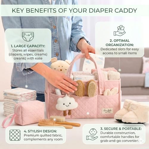 PeraBella Baby Diaper Caddy Organizer, Baby Basket Shower Gift, Portable Changing Table Basket, Postpartum Caddy & Tote Bag Pouch, Newborn Boy & Girl Nursery Essentials Registry, Car Diaper Organizer - color: Blush Pink