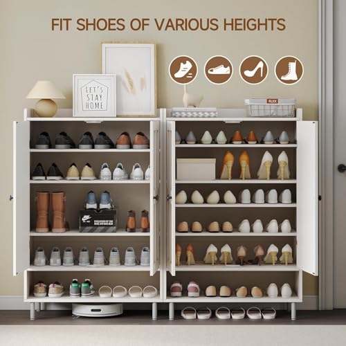 ONBRILL Shoe Storage Cabinet with Cross Molding Doors, 6-Tier Farmhouse Shoe Cabinet with 3 Adjustable Shelves and Metal Legs, 45'' Tall Shoes Rack Organizer Cabinet for Entryway, Front Door, White - color: White