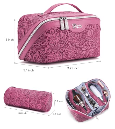 BOYATU Travel Makeup Bags Cosmetic Organizer Bag: 3 Pcs Set Large Capacity Floral Make up Bag with Compartments - Waterproof Leather Toiletry Bags with Handle for Women (20-Red) - color: 20-Red