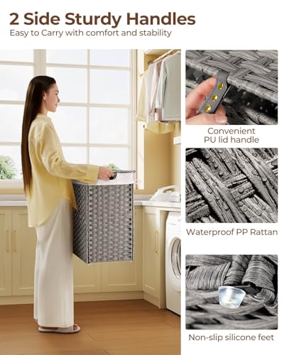 Greenstell Laundry Hamper with lid, No Install Needed, 110L Wicker Laundry Baskets Foldable 2 Removable Liner Bags, 2 Section Clothes Hamper Handwoven Rattan Laundry Basket with Handles, Gray - color: Gray, size: 110L (22.2x13.3x24.0 Inches)