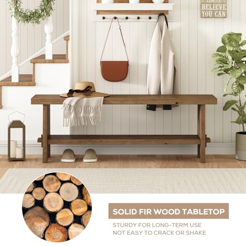 HOKYHOKY Solid Wood Entryway Bench - 51.2" Farmhouse Long Storage Bench, Rustic Narrow Bench Seat for Indoor, Entryway, Dining Room, Living Room and Hallway, Brown - size: 51.2"