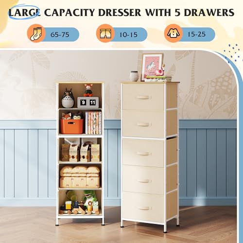 WLIVE Fabric Dresser, 5-Drawer Tall Dressers for Bedroom, Storage Dresser Organizer with Fabric Bins, Wood Top, Sturdy Steel Frame, Chest of Drawers for Closet, Hallway, Cream White - color: Cream White