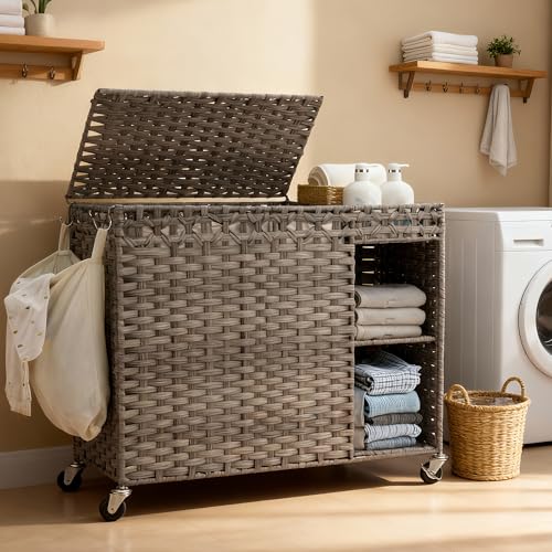 Laundry Hamper with Lid, 160L Rattan Wicker Laundry Basket with Wheels, Handwoven Laundry Hamper 3-Section with Storage shelf(42.3 Gal), Laundry Sorter Basket with Removable Liner, GreyHLH033G - color: Grey, size: 33.5”L x 13”W x26.4”H
