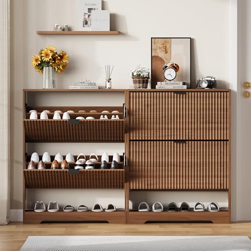 HUANLEGO Shoe Cabinet Storage for Entryway with 2 Flip Drawers, Walnut Fluted Shoe Cabinet with Open Storage, Wooden Hidden Shoe Rack Freestanding Narrow Slim Shoes Organizer for Hallway, Entrance - color: Walnut, size: 2 Drawer