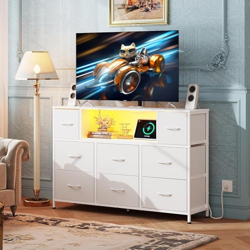 Simple Deluxe TV Stand Dresser with 8 Fabric Drawers and Open Shelves, Entertainment Center with LED Lights & Charging Station, Wood Top for 45" -55" TV, for Bedroom/Living Room/Hallway, White - color: White, size: 47.2"D x 11.8"W x 31.5"H (8 Drawers)