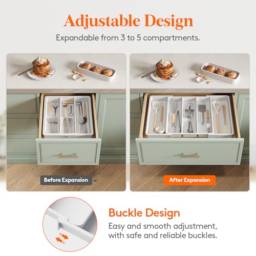 Lifewit Utensil Organizer for Kitchen Drawers, Expandable Cooking Utensil Tray, Adjustable Cutlery Silverware Flatware Holder, Plastic Spatula Tools Storage Divider, 13-22 x 15", White - color: White, size: Large(13-22''W x 15"D)
