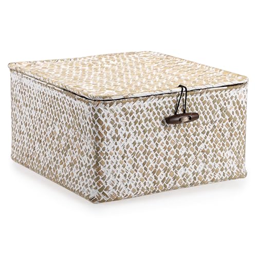 Hipiwe Handwoven Seagrass Basket with Lid Square Wicker Basket Bin Closet Storage Box Multipurpose Household Organize Container for Home Decor, Small,Whitewash - color: Whitewash color, size: Small