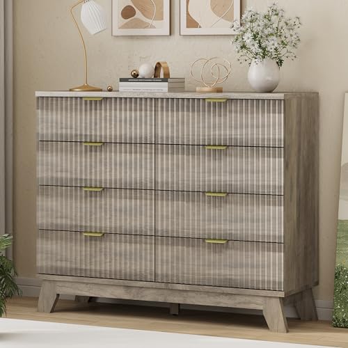 Fluted Dresser for Bedroom with 8 Drawers, 48" Wide Modern Chest of Drawers with Metal Handle, Wooden Dresser TV Stand, Wood Closet Clothes Storage Drawer Organizer for Living Room, Hallway, Grey - color: Grey, size: 15.6"D x 47.2"W x 38.2"H (8 Drawers)