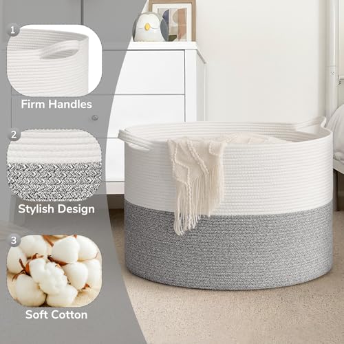 Goodpick Blanket Basket, 23.5'' x 15.8'' Cotton Rope Blanket Basket Living Room, Toy Organizers and Storage with Handles for Kids, 115L Grey - color: Light Grey, size: 23.5x23.5x15.8 Inch (Pack of 1)