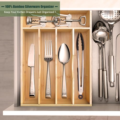 guiogc Bamboo Kitchen Drawer Silverware Organizer, 9 Inch Silverware Utensils Tray Holder for Small Drawer, Cutlery Tray, Wood Caddy for Flatware Cutlery Knives 5-Slots - size: 9" Wx13"d (5-slots)