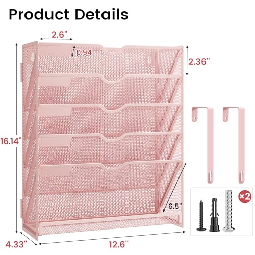 Pink Desk Organizer, Hanging Wall File Organizer with 6 Tiers, Metal Mesh Magazine & Mail Holder for Office Desk, Wall Mount Document Organizer for Home Decor - color: Pink-1pack