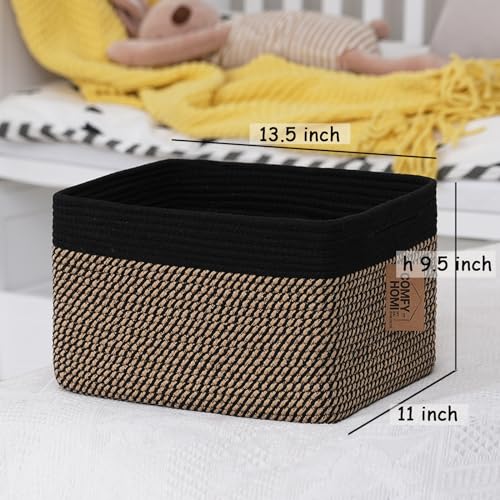 COMFY-HOMI Cotton Rope Woven Basket with Handles for Shelves,Toys,Book, Cloth Storage Baskets Bin for Organizing-13.5"x11"x9.5" Toy Decorative Organizer for Living Room, Bathroom-Black/Jute - color: squ-black/camel, size: 13.5"X11"X9.5"