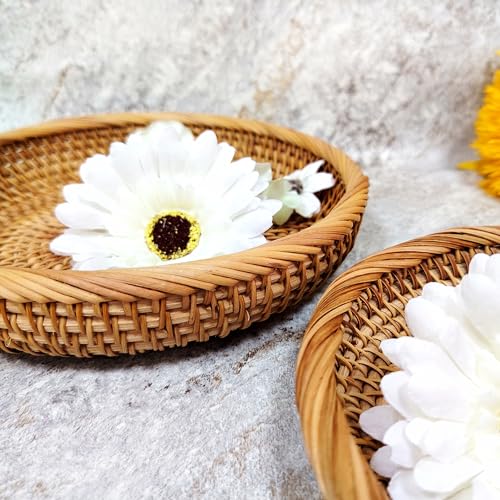 Handcrafted Small Rattan Serving Basket 8.7" – Round Woven Bread & Cracker Tray – Natural Wicker Fruit Bowl for Countertop Display, Snacks, Candy, and Party Serving - size: 8.7"